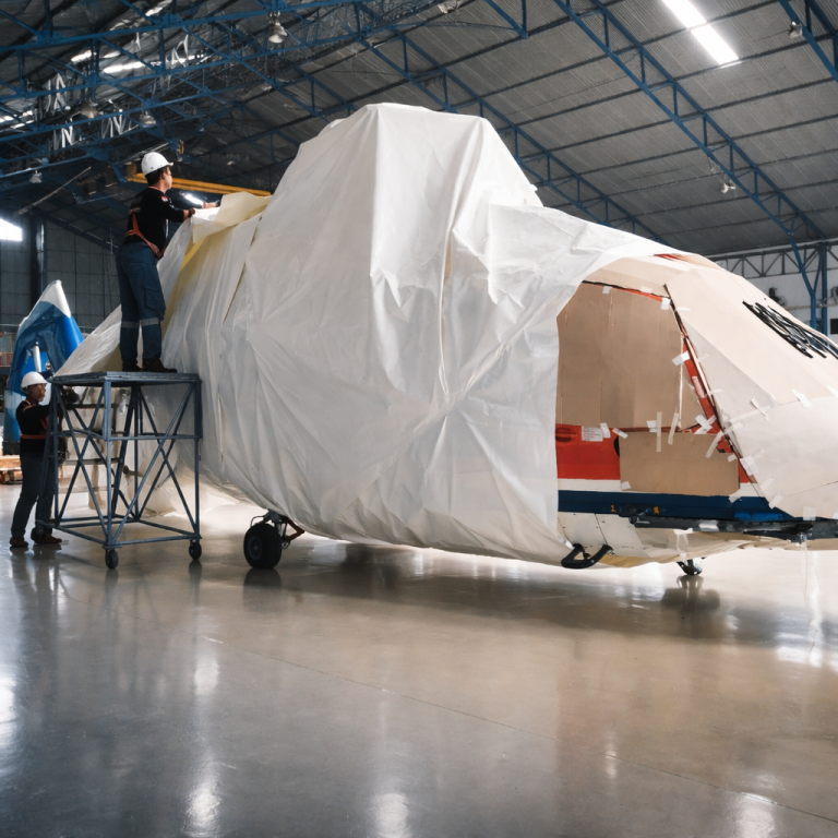 proses wrapping pesawat untuk project logistics
